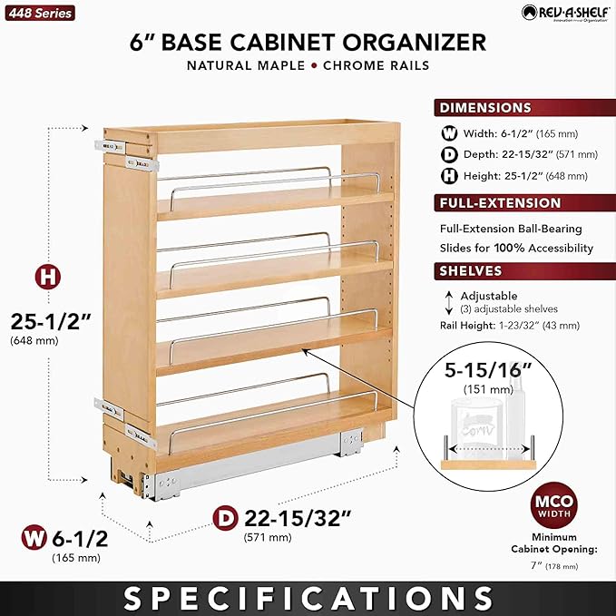Rev-A-Shelf 6.5 in Pullout Kitchen Cabinet Storage Organizer Slide Out Pantry Spice Rack with Adjustable Shelves, Natural Maple, 448-BC-6C - Home Organizing System for Pots, Pans, and Utensils