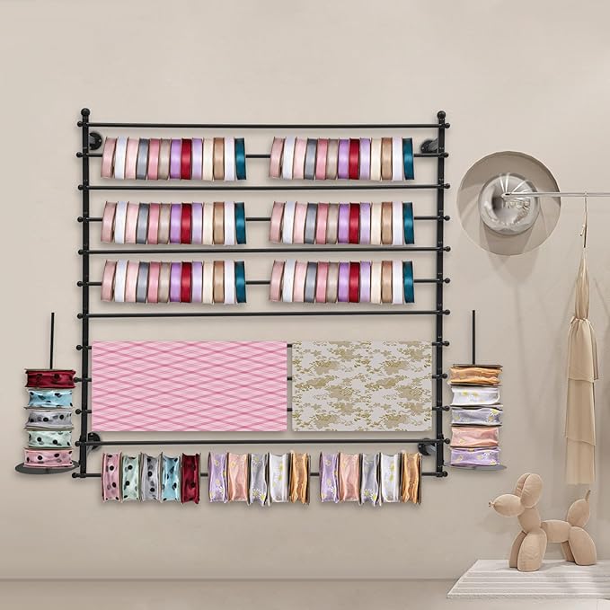 12-Layer Ribbon Holder Organizer Rack Wall Mounted Wrapping Paper Storage Rack Ribbon Dispenser Holder Wrapping Station Display Racks for Craft Room Florist Cake Shop(Black)