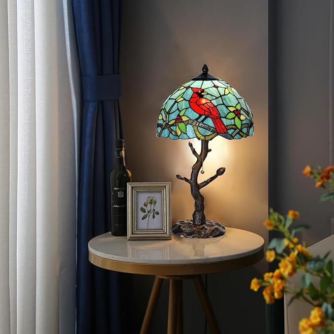 TL0035 Tiffany Style Stained Glass Table Lamp, Cardinal Bird Desk Lamp with Branch Base, W 12" x OH 21", Great for Home Decor & Night Lighting, LED Bulb Included (Red Cardinal)