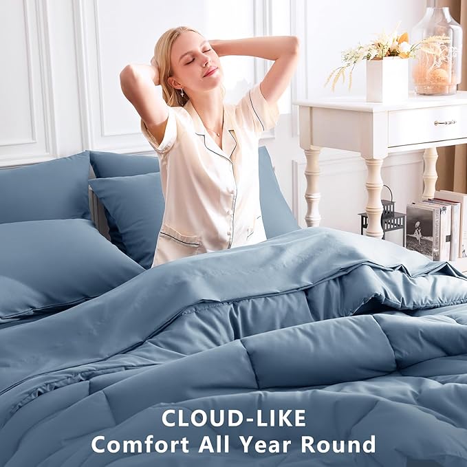 CozyLux Full Size Comforter Sets Dusty Blue, 7 Pieces Bed in a Bag, Grayish Blue Comforter Full Size, All Season Bedding Sets with Stitch Quilted Comforter, Flat Sheet, Fitted Sheet, Pillowcases