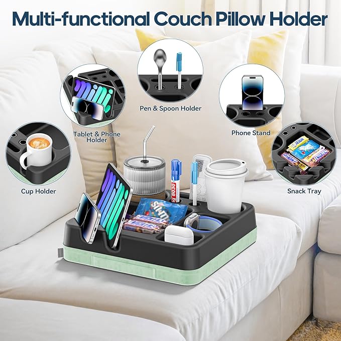 Couch Cup Holder Tray Couch Cup Holder Pillow Bed Tray Snack Sofa Bed Caddy Organizer Beach Sofa Drink Holder Anti-Spill Portable Snack Caddy Couch Remote Holder for Phone Pad Kindle Beverage Green