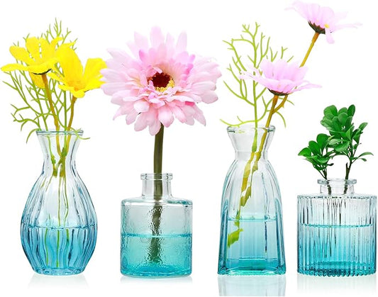 Mapoxy Glass Bud Vases Set of 4,Blue Small Flower Vases for Wedding Centerpiece Table Decorations,Clear Vintage Embossed Mini Vases,Flower Arrangements in Vases for Party or Home Decor