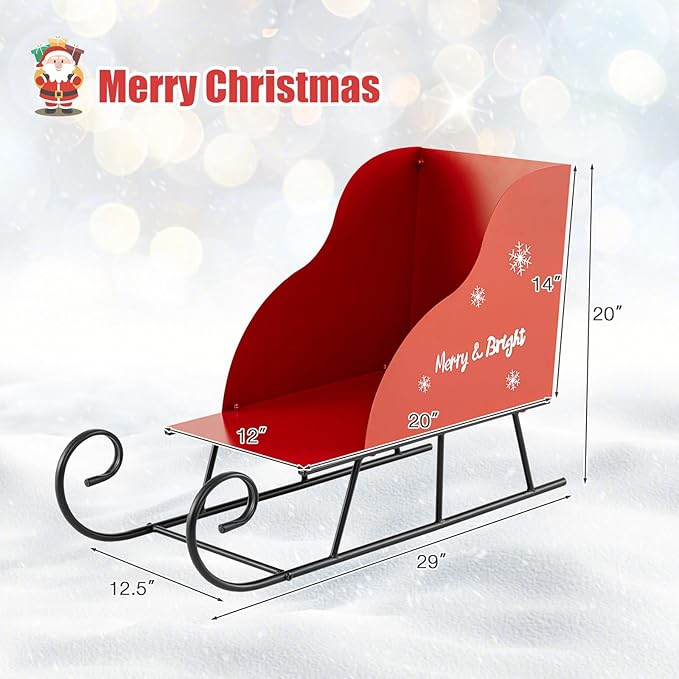 Metal Christmas Santa Sleigh Basket, Red Christmas Sleigh Decoration for Gift Storage, Santa’s Gift Sleigh for Holiday Displays, Festive Decorative Sleigh Cart for Indoor Outdoor Home Party