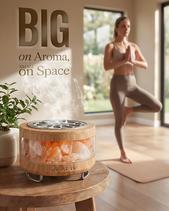 4-in-1 Ultrasonic Essential Oil Diffuser with Himalayan Salt Lamp, Humidifier & 7-Color LED Mood Light, Timer & Auto Shut-Off, Ultra-Quiet Aroma Diffuser for Bedroom, Office & Yoga –Beige