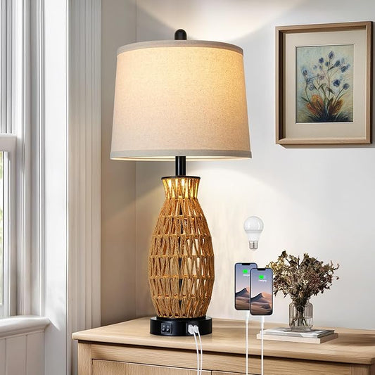 CINSARY 27" Boho Rattan Table Lamp Single with Night Light, Handwoven Wicker Bedside Lamp with USB A+C Charging Port, Woven Coastal Bedroom Lamps for Night stand, Beach Living Room Lamps for End Table