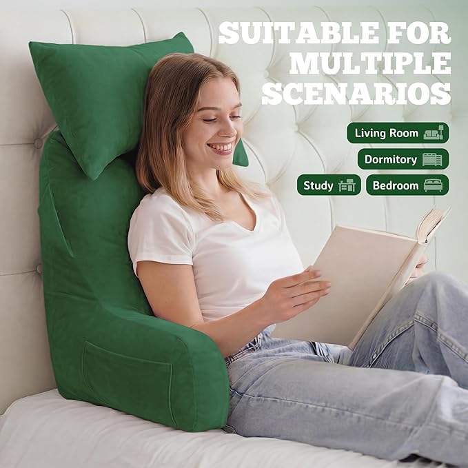 Unisakey Portable Reading Pillows with Headrest for Bed Sitting Up(Green Oeko-Tex), Velvet Back Pillow with Arms & Pockets for Adults, Support Memory Foam Bed Pillow for Dorm/Reading/Watching/Gaming
