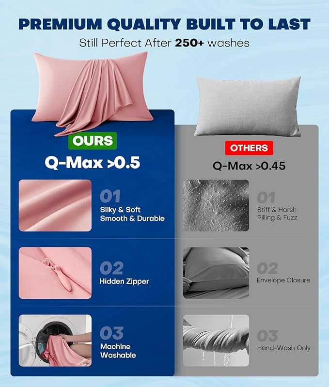 Ultra-Chill Cooling Pillowcase Set of 2 for Hot Sleepers, Softer Than Silk Pillow Cases for Protecting Hair & Skin, Breathable Bed Pillow Covers w/Zipper, Gifts for Women Men (Pink, King)