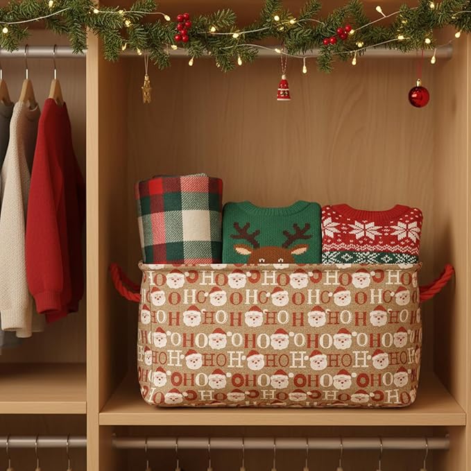 INough Christmas Baskets for Gifts Empty, Christmas Decor Collapsible Santa Storage Bins with Handles Bright and Festive Gift Storage Container for Christmas for Baby/Kids/Nursery Room