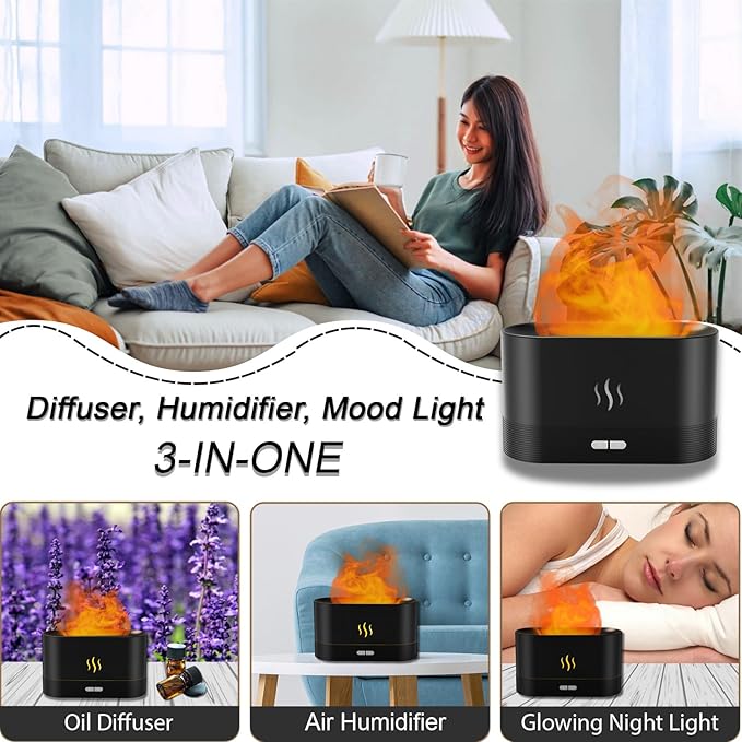 PIZAY Essential Oil Diffuser, Flame Air Humidifier with Fire Led Light - 2 Rightness, 180mL Capacity (8 Hours), Auto-Off Protection Air Diffuser for Home Bedroom Office Gifts(White)