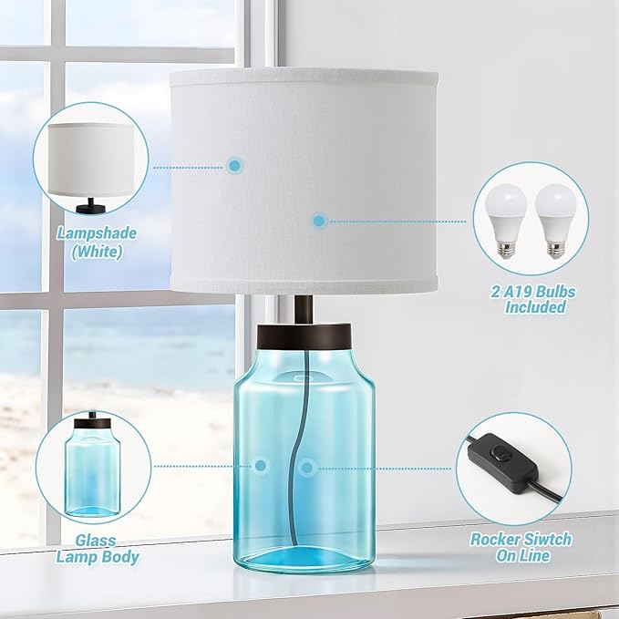 GyroVu Coastal Fillable Table Lamps, Bedside Lamps Set of 2 for Home Decor Nightstand Lamp with Clear Glass for Living Room Bedrooms Office Bulbs Included(Blue+White Shade)