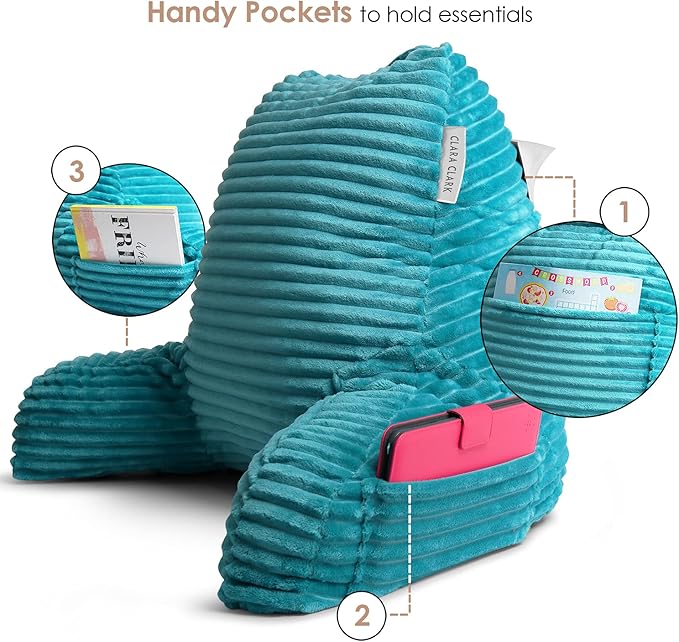 Clara Clark Reading Pillow for Bed Adult – Back Pillow for Sitting in Bed, Standard Plush Bed Pillows for Sitting Up in Bed, Shredded Foam Bed Chair Pillow with Arms and Pockets, Teal Bed Rest Pillow