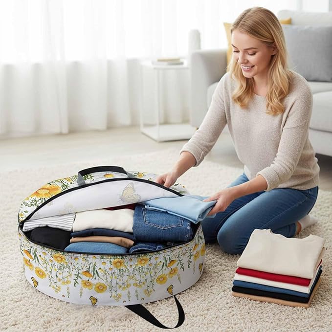 Spring Flower Round Storage Bag 36 Inch, White Yellow Floral Daisy Butterfly Flower Field Clothes Storage Container with Handles Heavy Duty Organizer for Comforter, Bedding & Holiday Wreaths