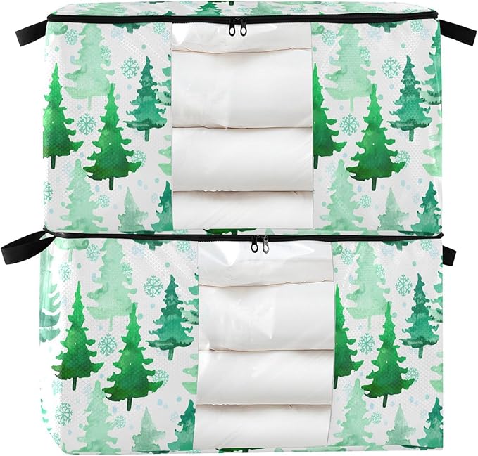 Burbuja Christmas Tree Clothes Storage Bag with Lids and Handle, 2 Pack Foldable Blanket Storage Container with Sturdy Zipper & Clear Window for Bedroom Closet, 60L