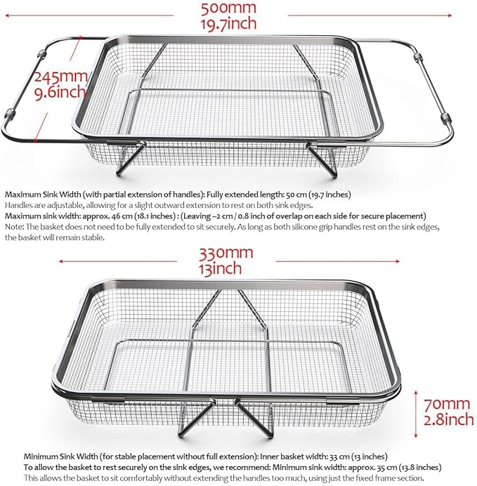 WAGENSTEIGER Extendable Dish Rack with Feet, Vegetable Colander Basket, Stainless Steel Dish or Silverware Drying Rack, Ultimate Kitchen Organizer Over the Sink (14.76 x 10.63 x 3.15 Inches)