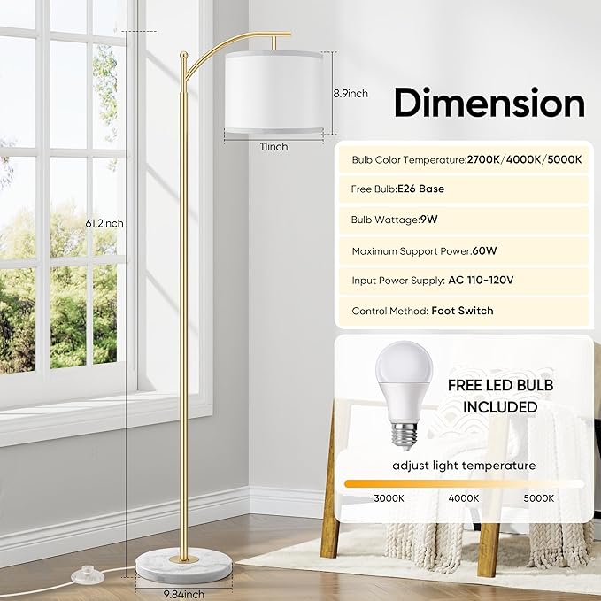 Gold Floor Lamp for Living Room with Marble Base, Modern Standing Lamp with 3 Color Temperatures Bulb & Adjustable Linen Shade, Tall Lamp for Bedroom Office Reading Nursery