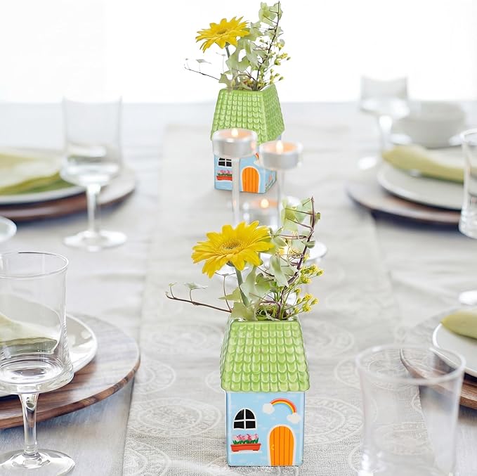 Remerry Ceramic House Shape Vase 2.4 x 3.8 Inch Mini Handmade Vase Decorative Small Flower Container for Living Room Bedroom Farmhouse Home Table Decor Cute Birthday Gift(Green)
