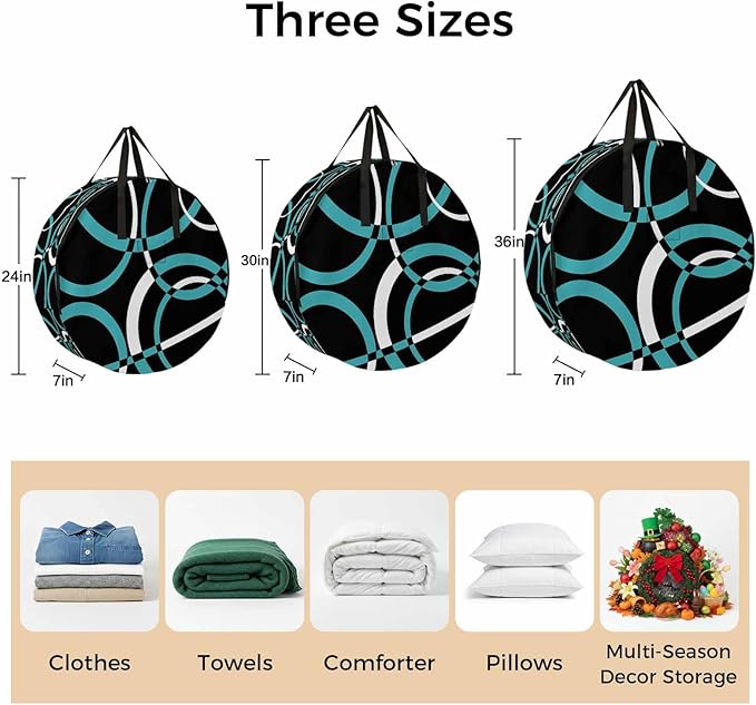 Storage Bag Turquoise Black Geometric Circle Round Storage Totes Bins Closet Organizers with Zippers & Handle Modern Abstract Lines Clothes Storage Container for Bedroom Space Saving Packing Supplies
