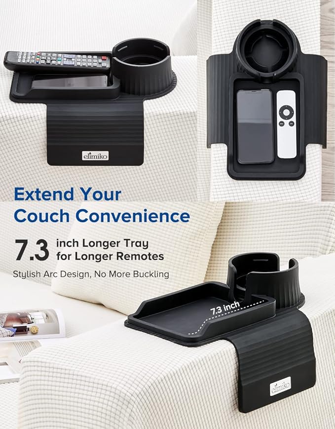 Couch Cup Holder Tray, Elimiko Silicone Sofa Drink Holder with Large Cup Holder and Tray, for Oversized Mugs/Long Remote/Snacks/Cellphone (Black)