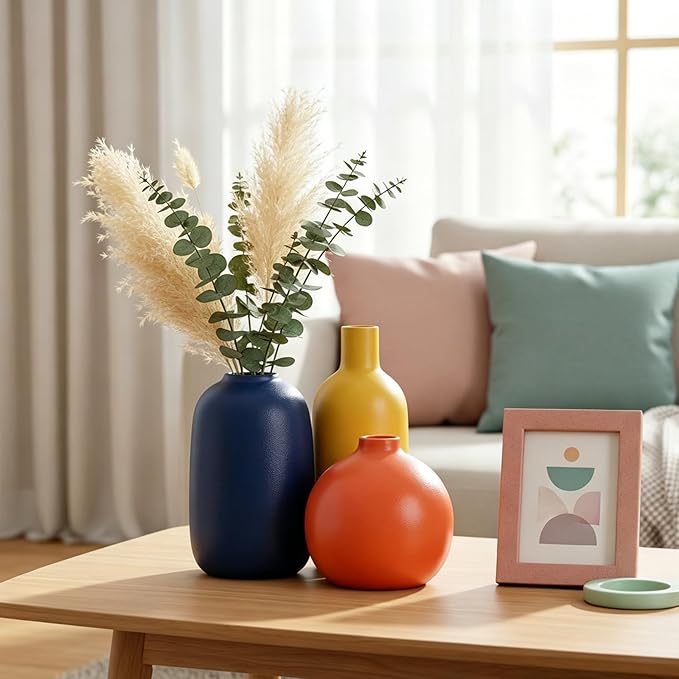 Colorful Ceramic Vase Set, Small Burnt Orange Blue Yellow Vases Home Decor,Fall Décor Modern Farmhouse Vases for Home Decor, Organic Decor Accents for Living Room, Table, Shelf, Entryway, Set of 3