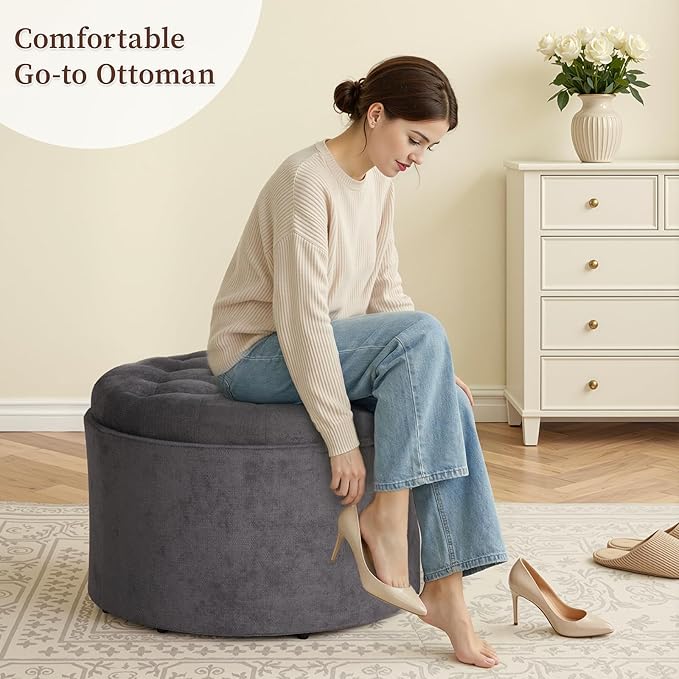 ONBRILL 25" Round Ottoman Coffee Table, Storage Ottoman with Lift-Off Lid, Multifunctional Foot Rest & Hidden Storage, Sturdy Steel Frame for Bedroom, Living Room, Corners, Apartment