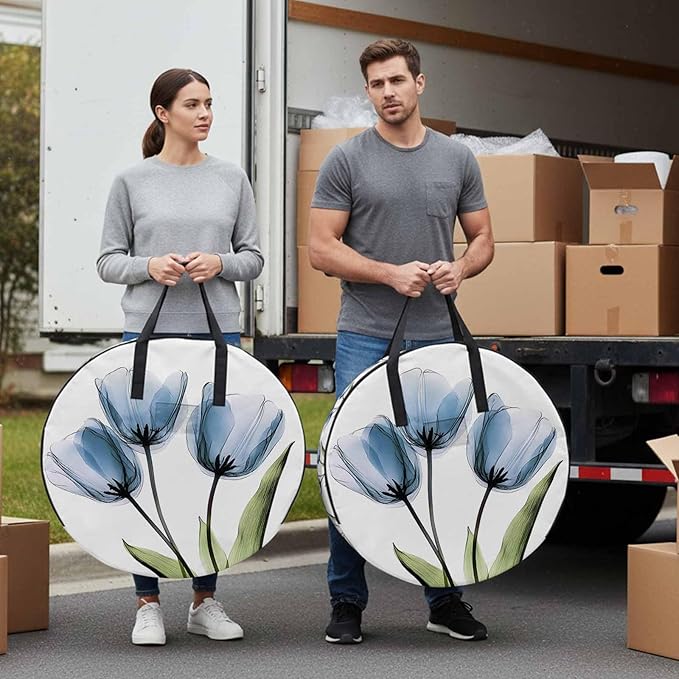 Blue Tulip Round Storage Bag 30 Inch, Country Flower Pastoral Style Clothes Storage Container with Handles Heavy Duty Organizer for Comforter, Bedding & Holiday Wreaths