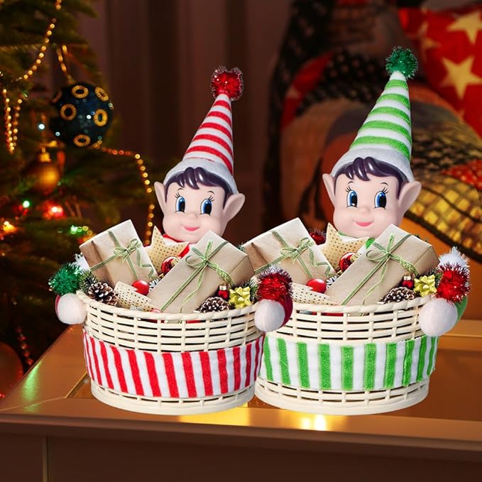 Christmas Elf Storage Gift Basket Ornament, Small Empty Xmas Box Decoration Cute Plastic Organizer Basket for Kids Elf Holder for Gift,Chocolate,Toys or Candies Christams Decor (Green)