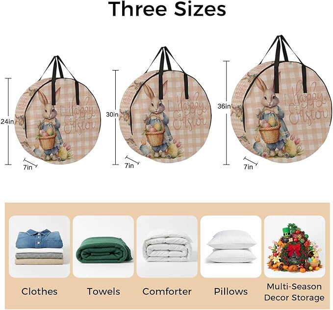 36 Inch Round Storage Bag 2 Pack,Easter Cartoon Rabbit Eggs Basket Waterproof Wreath Storage Container with Handles&Zipper Flower Orange Grid on Linen Closet Organizer Bags Garland Box