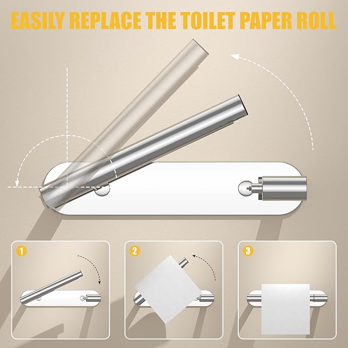 BESy Adhesive or Screw Toilet Paper Holder Wall Mount Rustproof Modern Roll Holder Flexible Pivoting Adjustable Tissue Handle with Self Adhesive or Mounted with Screws Stainless Steel Polished Chrome
