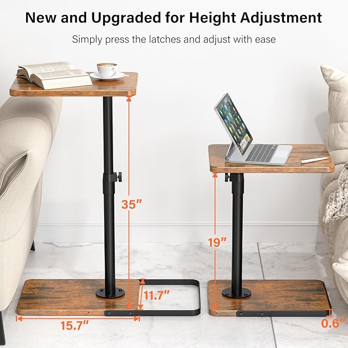 TV Tray Table for Couch - Adjustable Height & 360°Swivel Panel Design，Larger Metal and Wooden Base to Prevent Slipping，Sofa Armrest Tray Table for Eating Laptop Couch Bed Dinner or Small Space