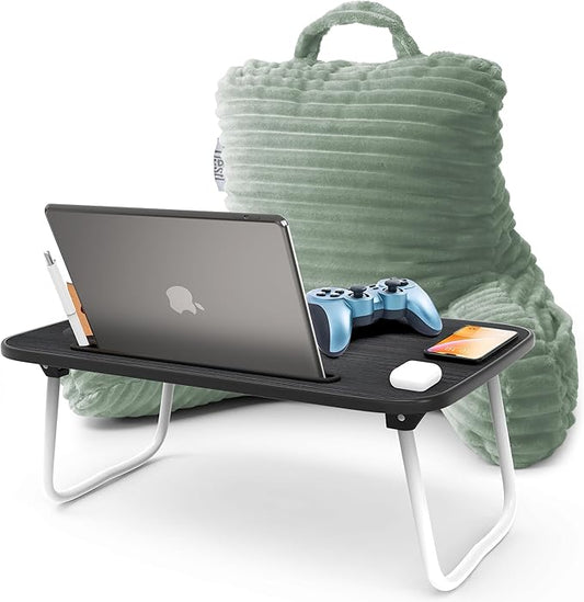 Nestl Sage Green Reading Pillow with Bed Desk for Laptop and Writing, Luxe Cut Plush Back Pillow for Sitting Up, Back and Arms Adjustable Support for Kids and Teens, Foldable Lap Desk for Bed 19x11”