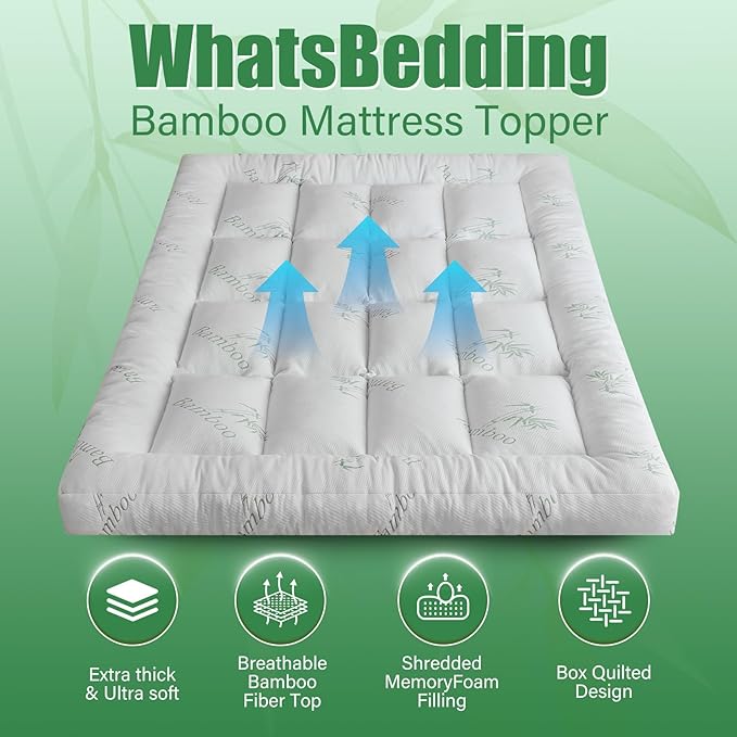 WhatsBedding 5 Inch Memory Foam Mattress Topper Full Size, Viscose Made from Bamboo, Breathable Air Layer, Soft Thick Pillow Top Mattress Topper for Back Pain