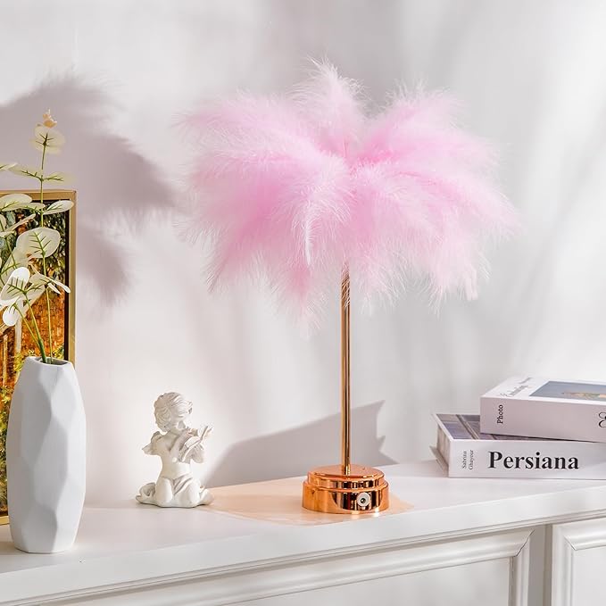 BDUSXYZ Pink Feather Lamp - LED Atmosphere Feather Night Lights Bedside Lamps for Mother, Girlfriend Home Girl Room Wedding Decoration