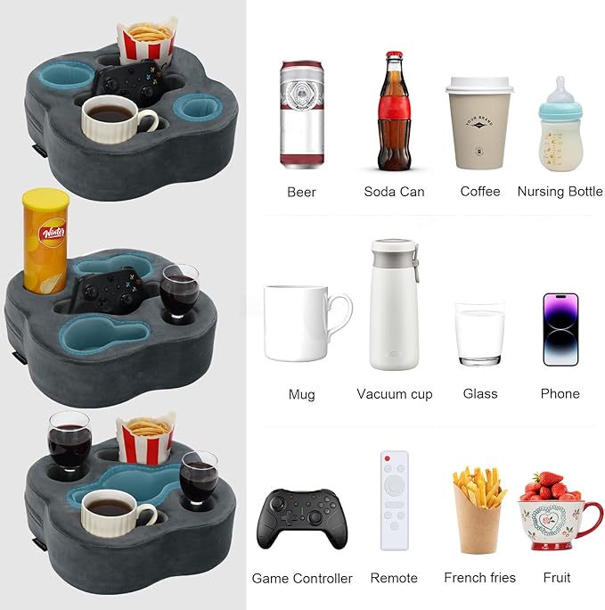 Couch Cup Holder | Sofa Cup Holder Pillow Drink Tray Organizer for Drinks, Remotes, Phones, Snacks (Grey, 12 * 12 * 3.7 Inch)