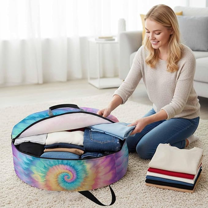 Storage Bag Colorful Tie Dye Round Storage Totes Bins Closet Organizers with Zippers & Handle Boho Tribal Style Clothes Storage Container for Bedroom Dorm Space Saving Packing Supplies Moving Bags