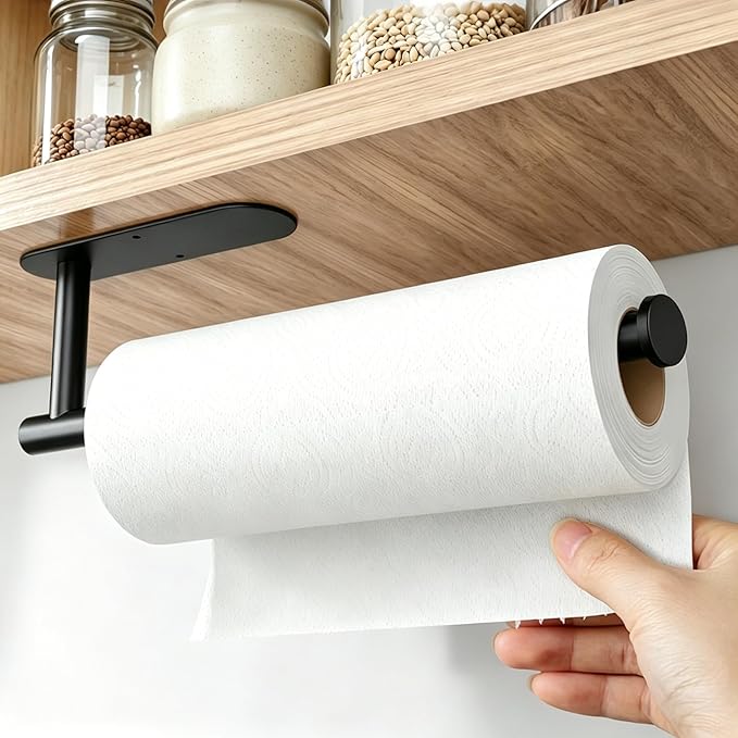 Paper Towel Holder Under Cabinet - Self Adhesive Paper Towel Roll Holder Wall Mount, Matte Black Stainless Steel Towel Paper Holder for Kitchen, Bathroom, Cabinets