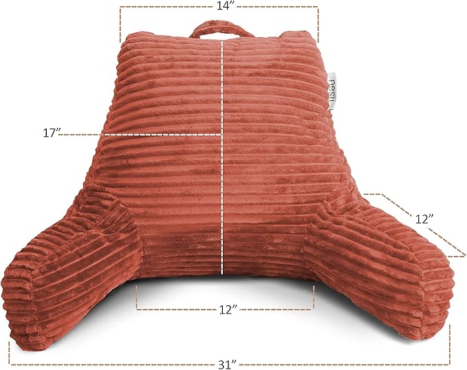 Clara Clark Reading Pillow for Bed Adult –Back Pillow for Sitting in Bed, Standard Plush Bed Pillows for Sitting Up in Bed, Shredded Foam Bed Chair Pillow with Arms and Pockets, Misty Bed Rest Pillow