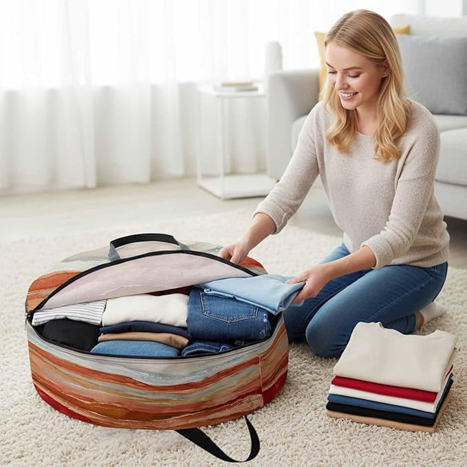 Abstract Orange Round Storage Bag 30 Inch, Gradient Beach Ocean Wave Oil Painting Clothes Storage Container with Handles Heavy Duty Organizer for Comforter, Bedding & Holiday Wreaths