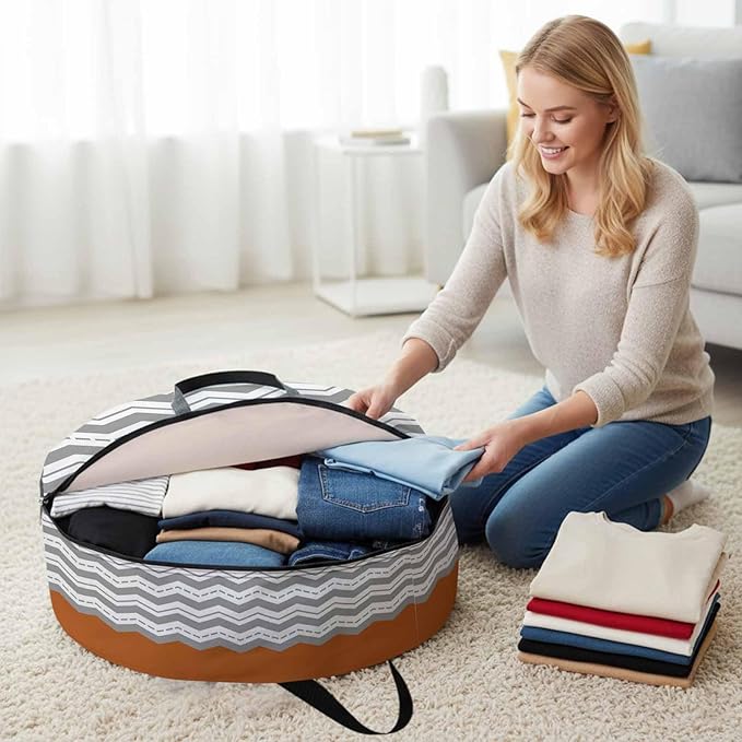 Storage Bag Burnt Orange Grey Waves Round Storage Totes Bins Closet Organizers with Zippers & Handle Chevron Stripe Clothes Storage Container for Bedroom Dorm Space Saving Packing Supplies Moving Bags