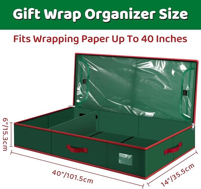 Fabspace Christmas Wrapping Paper Storage Containers, 40 Inch Gift Wrap Organizer, Visible Supplies Pockets for Xmas Accessories, Underbed Storage for Christmas Decorations, Green