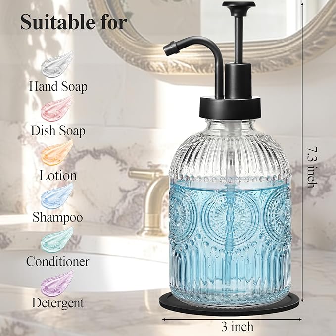 SheeChung 12Oz Vintage Glass Bathroom Soap Dispenser, Kitchen Dish Soap Dispenser with Pump, Refillable Liquid Hand Soap Bottle, Lotion, Antique Rustic Farmhouse Decor (Clear-Black Pump, 1 Pack)