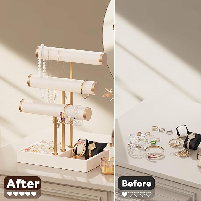 Abiglifty 3 Tier Necklace Holder Display, Jewelry Organizer, Jewelry Stand, Bracelet Display, Necklace Organizer, Bracelet holder, Jewelry Display for Necklace, Watches, Rings, Beige