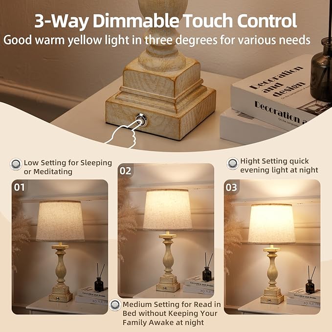 BUPPLEE Touch Lamps for Bedroom Set of 2,Bed-Side Table Lamps with 2 USB Ports, Bedroom Lamps with 3-Way Dimmable,23" Tall Table Lamps for Living Room/Night-Stand, Bonus 2 Bulbs