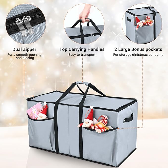 Christmas Ornament Storage Box, Mrrihand Xmas Decoration Organizer with Adjustable Dividers - Storage Container Keeps 128 Holiday Ornaments 3-Inch, Dual Zipper Closure, 600D Tear-Proof Material (Gray)