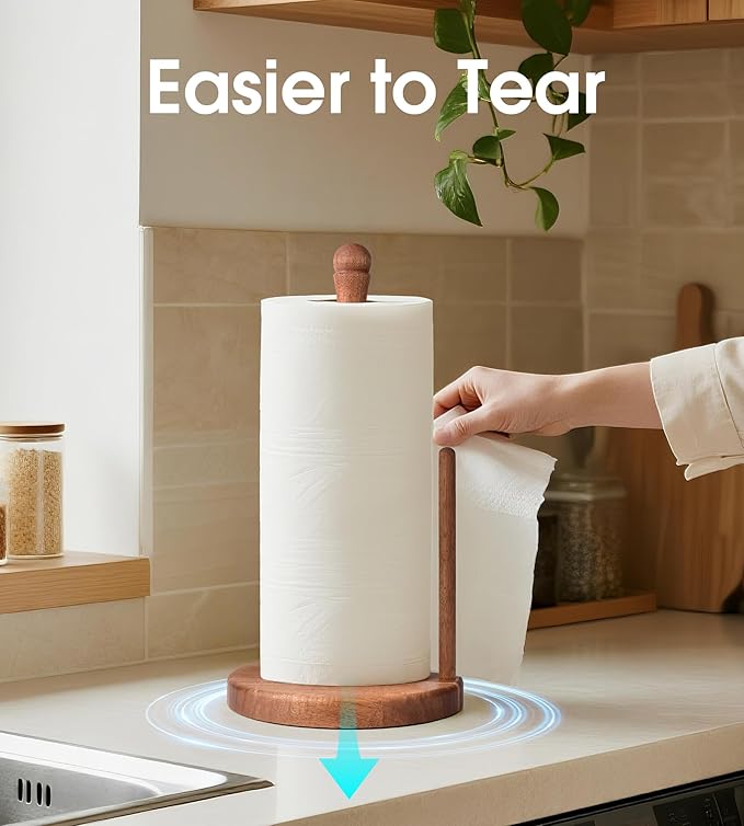 Farmhouse Acacia Wood Paper Towel Holder Countertop, Weighted Base for Kitchen & Bathroom, One-Handed Operation, EPTH, Wooden Standing Towel Roll Organizer, for Standard & Jumbo Rolls