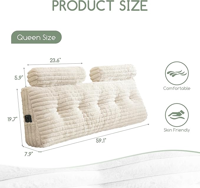 HIGOGOGO Triangular Headboard Wedge Pillow with 2 Cylindrical Pillows and Memory Foam Filling, Daybed Pillows for Sitting up, Reading or Working with Removable Cover,Queen 59.1"x19.7"