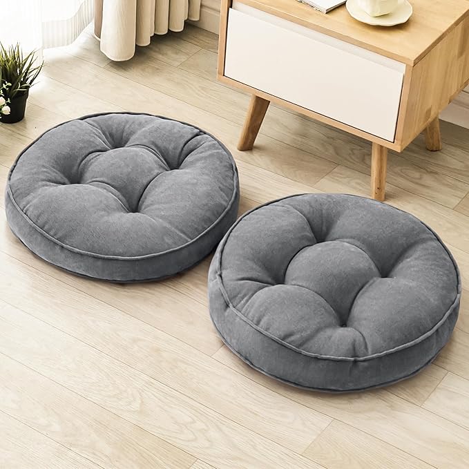 1 MIDDLE ONE Floor Pillow Set of 2, Memory Foam Floor Cushions for Adults, Large Meditation Pillow for Sitting, 22 x 22 Inches (Round | Grey)