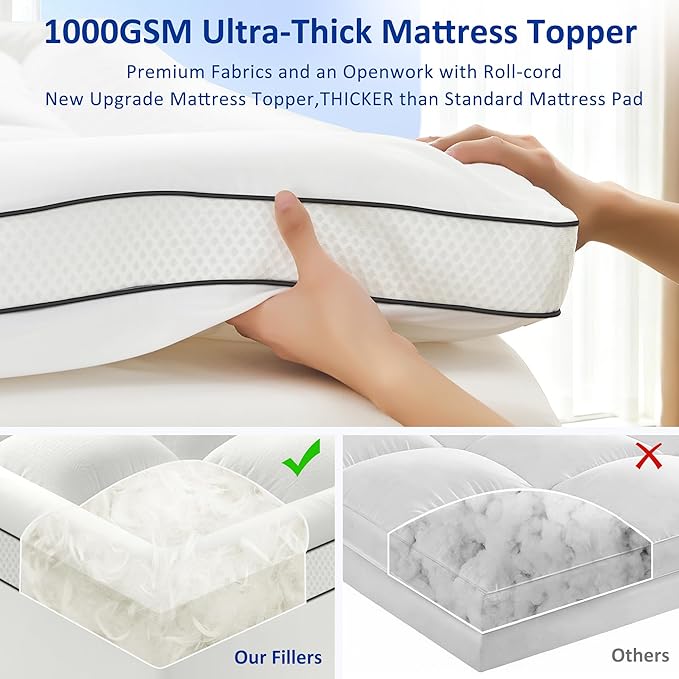 California King Mattress Topper for Back Pain, Extra Thick Pillow Top Mattress Pad with 1000GSM Down Alternative Filler, Cooling Breathable Plush Bed Topper Protector Cover, Deep Pocket