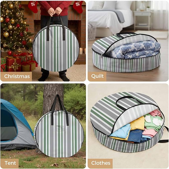 Storage Bag Sage Green Stripes Round Storage Totes Bins Closet Organizers with Zippers & Handle Grey Striped Lines Clothes Storage Container for Bedroom Dorm Space Saving Packing Supplies Moving Bags