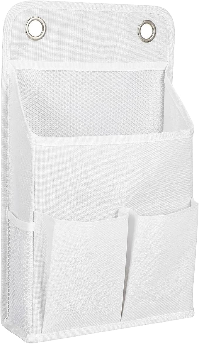 Hanging Basket for Organizing, Hanging Organizer with Pockets, Wall Storage Basket Bedside Caddy Camper Fabric File Organizer Holds Books, Phones, Glasses, Mail, Keys for Home, Office, Dorm (White)