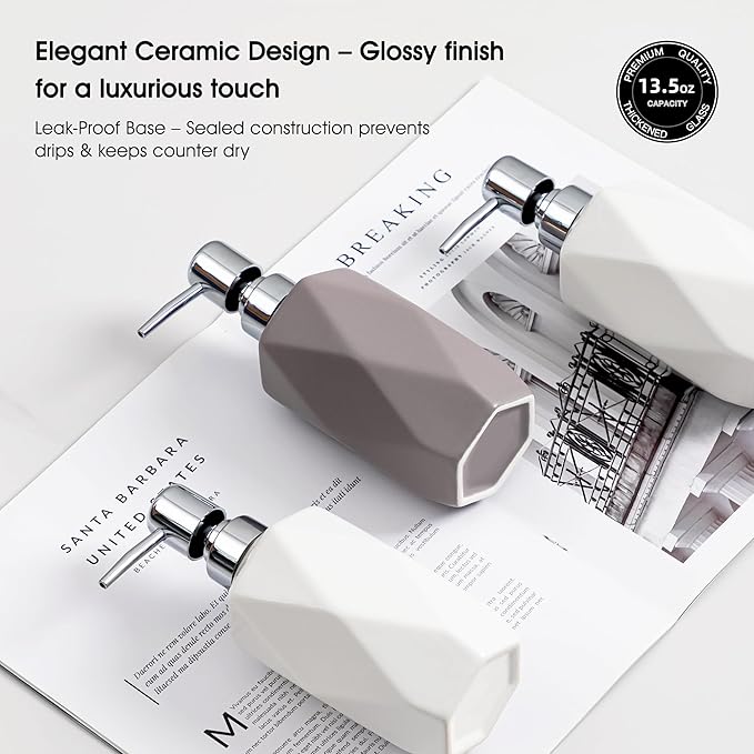 Soap Dispenser, 13.5oz Ceramic Soap Dispenser Bathroom for Kitchen & Bathroom (Light Grey)